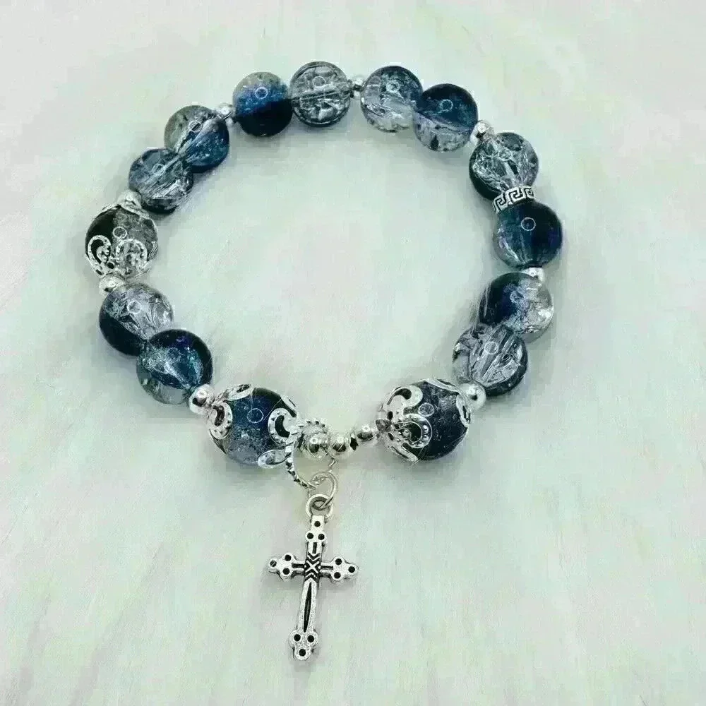 Sea Blue Gradient Beaded Cross Charm Bracelet